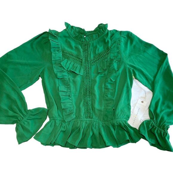 NWT Kelly Green Victorian Boho Ruffle Recycled Polyester Blouse - Picture 2 of 15
